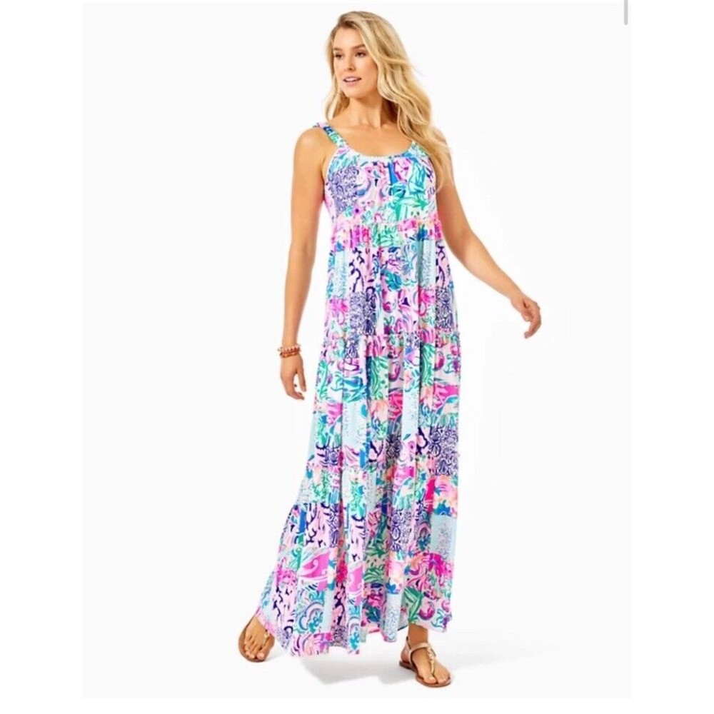 Lilly Pulitzer Loro Maxi Dress In Multi Patch Print Bright Vacation RARE Small